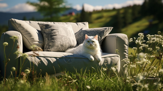 户外沙发上的小白猫图片