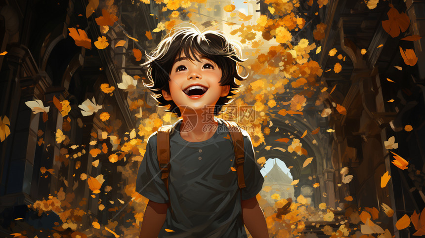 秋季城市开心微笑的小男孩图片