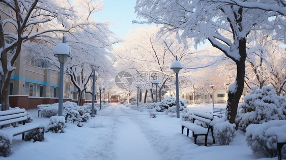 白雪皑皑的城市街道景观图片