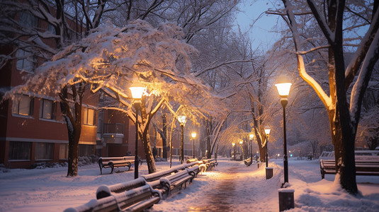 白雪覆盖的城市街道景观图片