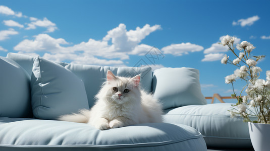 沙发上惬意的小白猫图片
