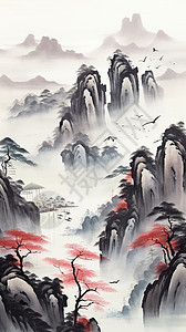 连绵起伏的山间风景水墨画图片