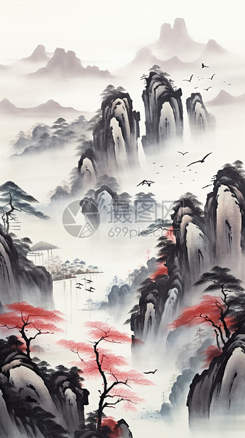 连绵起伏的山间风景水墨画图片