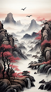 中式古风的山间风水水墨画背景图片