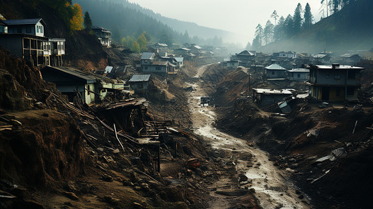 自然灾害泥石流后的毁坏场景图片