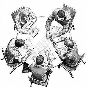 商业会议室小组开会手绘插图图片