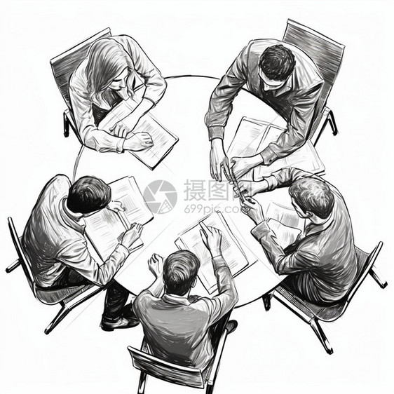 商业会议室小组开会手绘插图图片