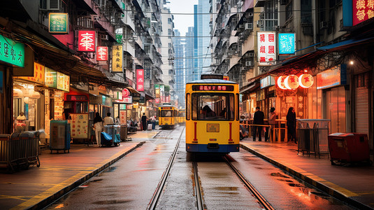 香港城市街道中的电车高清图片