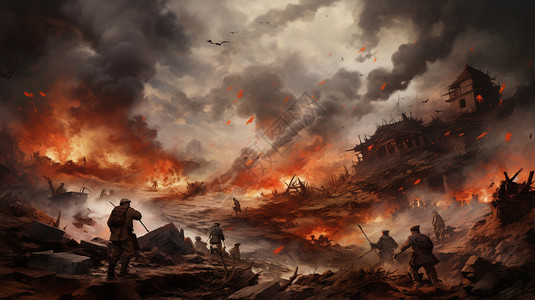 战争碎片烟雾缭绕的战争现场插画