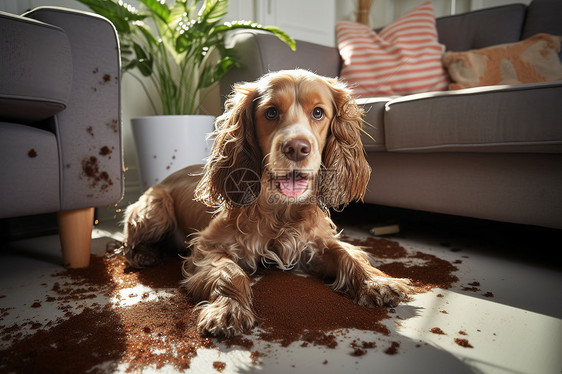 淘气的狗狗在沙发上弄脏了自己图片