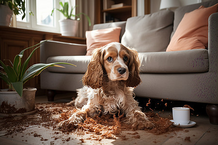 淘气的小狗弄脏地板图片