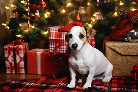 圣诞树旁的小狗和礼物图片