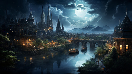 月夜壮观的欧式城堡图片