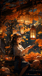 秋季花灯下优雅的少女图片