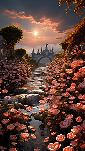 河道两边盛开的鲜花背景图片