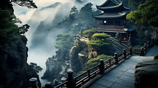 山林中的佛教建筑背景图片