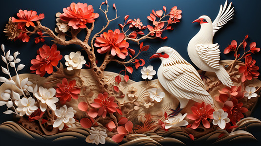 3D剪纸风的鸟语花香插图图片