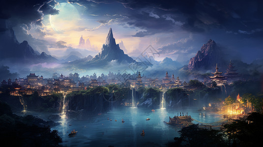 梦幻的山水古镇景观背景图片