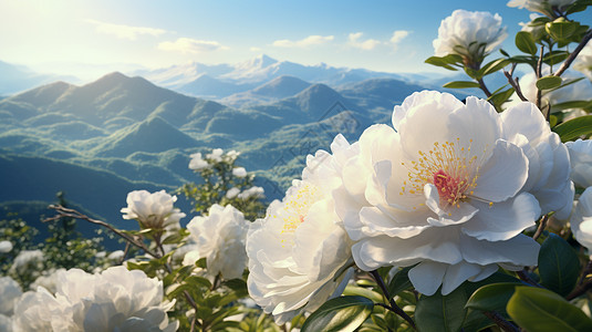 夏季山间美丽的山茶花背景图片