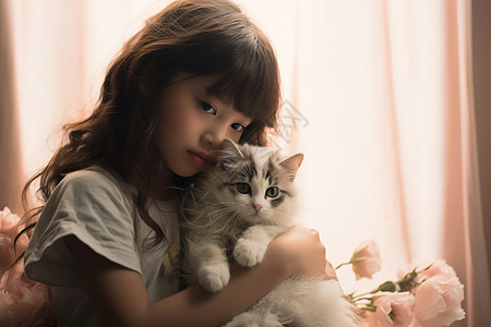 女孩怀中的猫咪背景图片