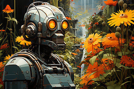 鲜花旁的机器人背景图片
