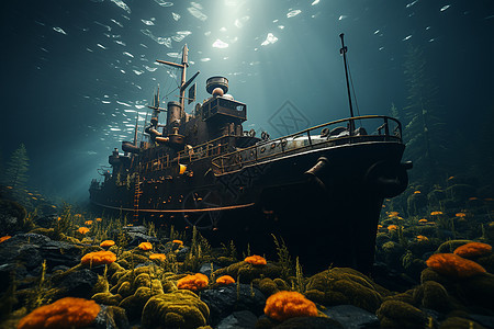 沉在海底植物上的船背景图片