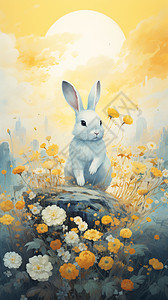 坐在鲜花里的兔子图片