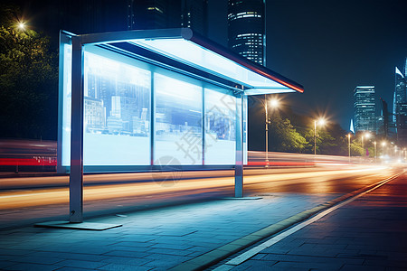 城市夜景中的公交站广告牌高清图片