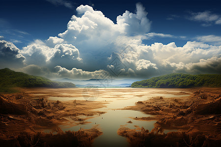 大气风景河流与天空的山水画插画