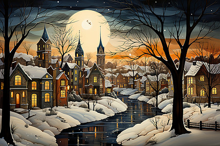雪后小镇美丽的夜晚图片
