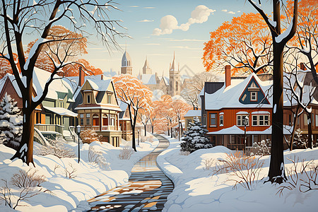雪后小镇的树木图片