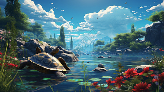 一只可爱的乌龟在河面上图片