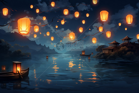 中元节放天灯祭祖图片