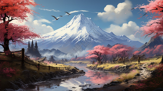 春季美丽的富士山风景图片