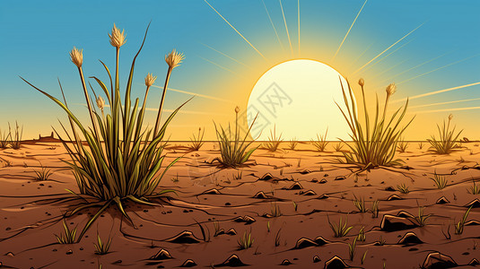 夕阳下荒漠上的麦苗图片