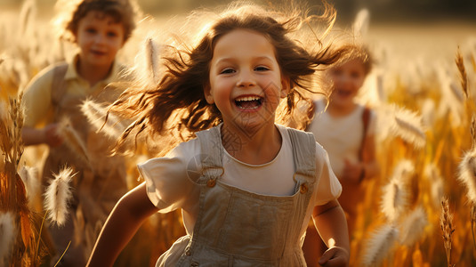 快乐的孩子们在麦田里奔跑图片