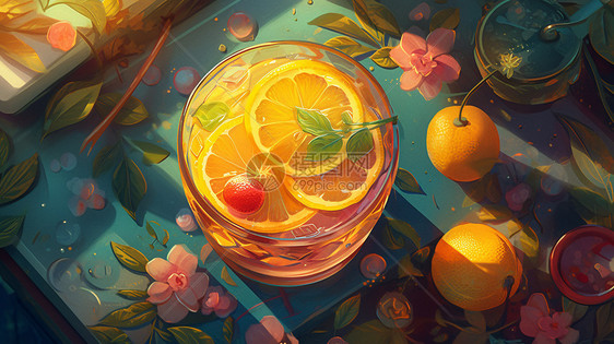 桌子上清凉的橙子饮品图片