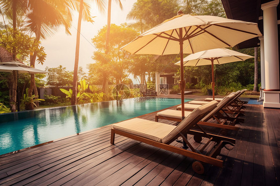 热带惬意的泳池度假椅图片