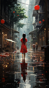 雨后城市街道里的女孩图片