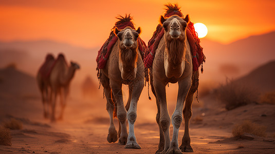 沙漠里行走的骆驼图片
