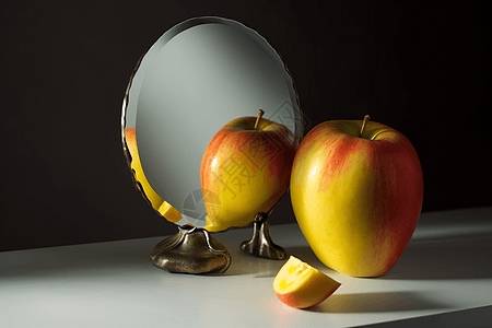 桌面上的苹果和镜子背景图片