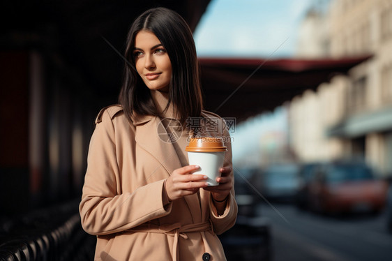女人站在街道上拿着咖啡图片