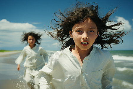海滩上奔跑的少女图片