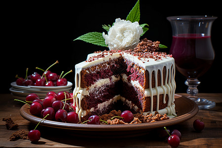 新鲜的红丝绒水果蛋糕图片