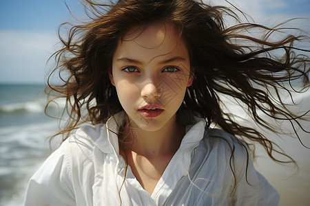白衣女海滩上的美丽女孩背景
