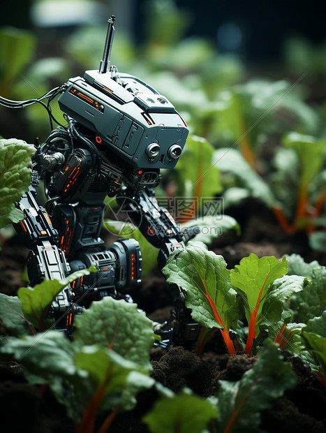 机器人在绿色植物间图片