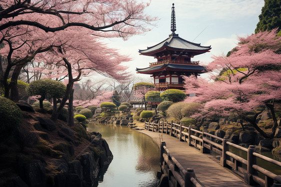 樱桃桥与粉色背景下的小池塘图片