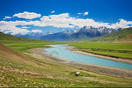 云山环绕碧水草原背景