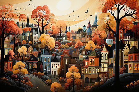 秋天的彩色小镇图片