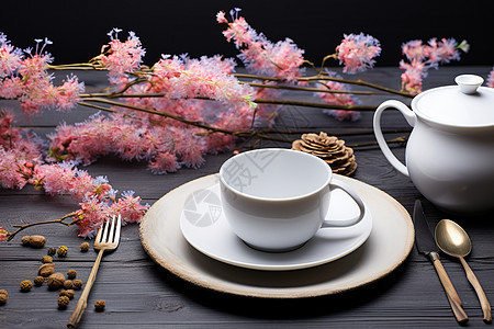 精美茶具与花卉图片